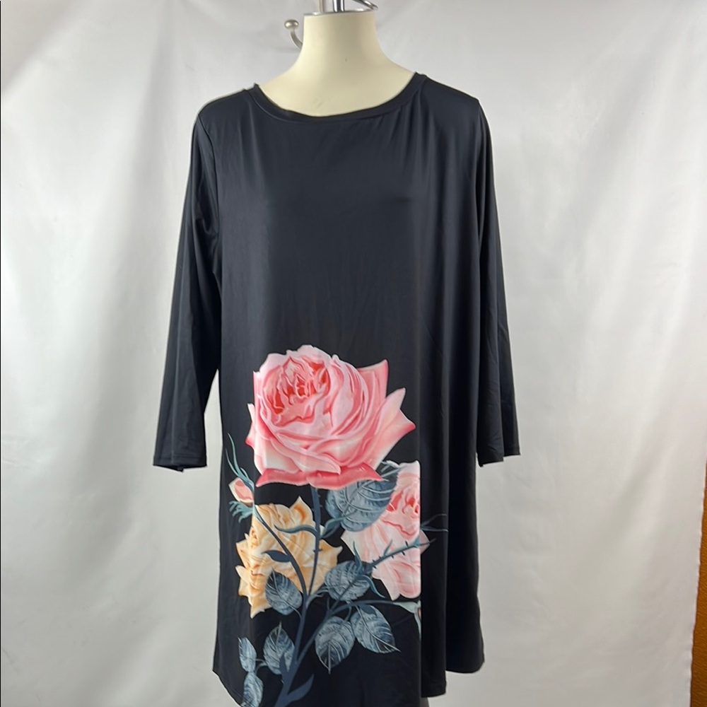 Nanu Artsy Black Tunic Dress with‎ Rose Floral Design with Bell Sleeves Size XL